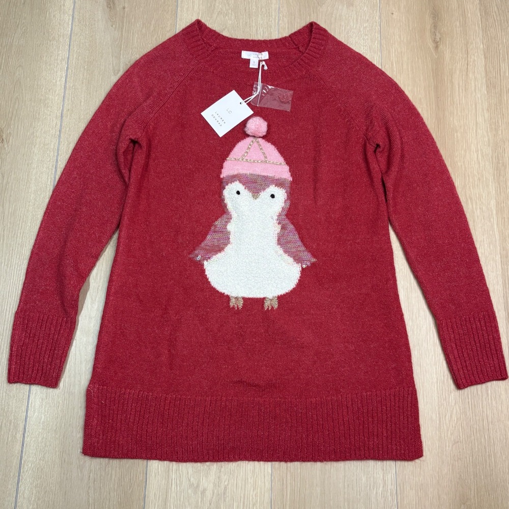 LC Lauren Conrad Red Penguin Winter Christmas Tunic Sweater Sequin Pom Pom Small